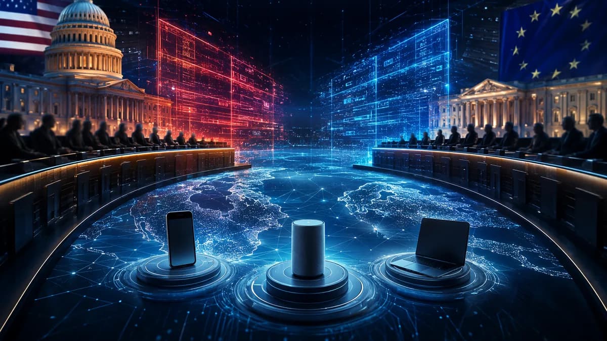 Abstract U.S.-EU tech policy showdown with digital barriers, data streams, and blurred lawmakers.