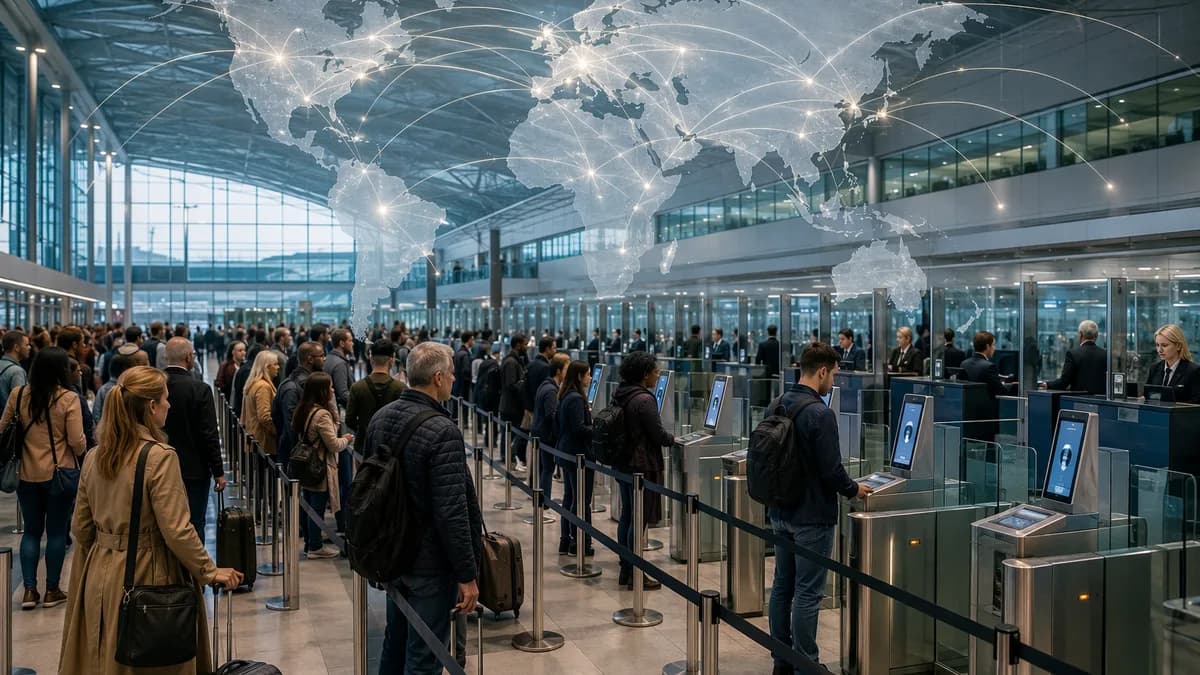 Long airport passport control queues with biometric gates and global map connections overhead
