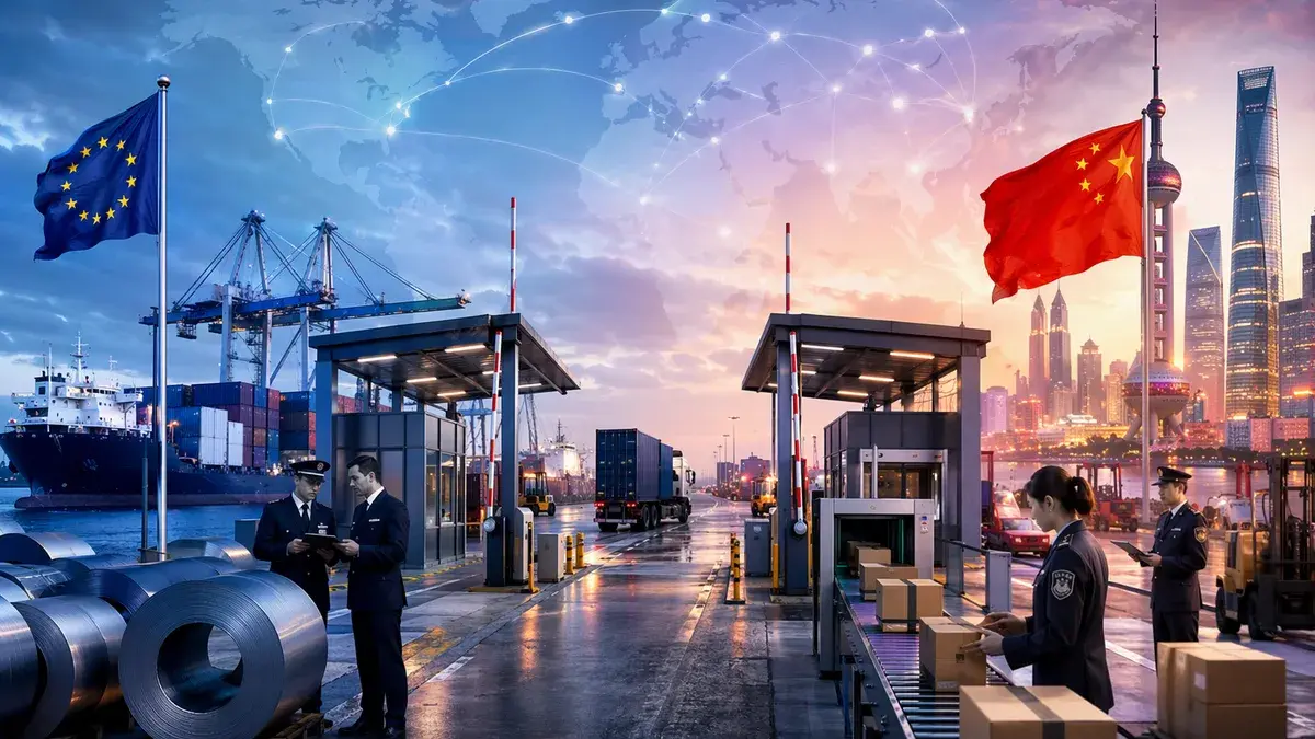EU-China trade tensions visualized with steel shipments, parcels, customs checks, and global connections.