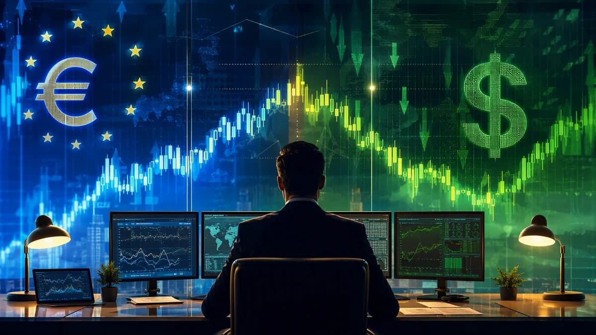Euro and dollar market tension on a modern trading desk with glowing charts and cinematic lighting.