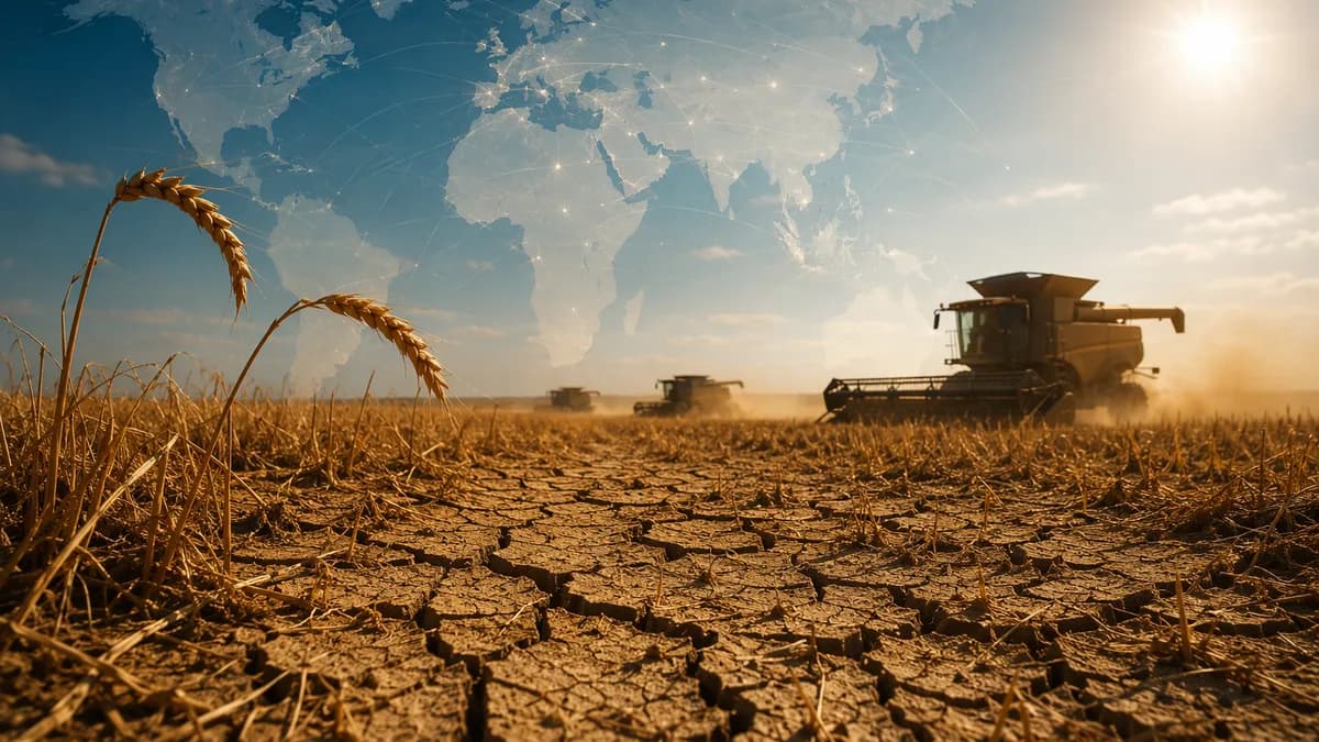 Drought-hit European grain field under heatwave sun with global map connections suggesting food risk