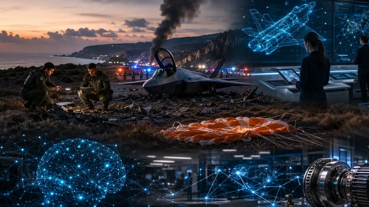 Stealth jet crash investigation near coastal airfield with smoke, investigators, and futuristic tech overlays