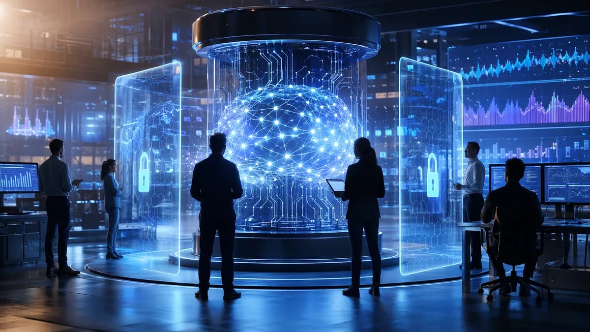 Futuristic AI lab with secure neural network core and abstract monitoring screens
