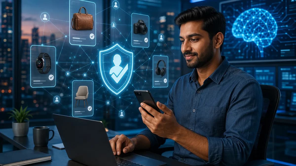 Seller using secure marketplace app with verification shields in a futuristic tech workspace