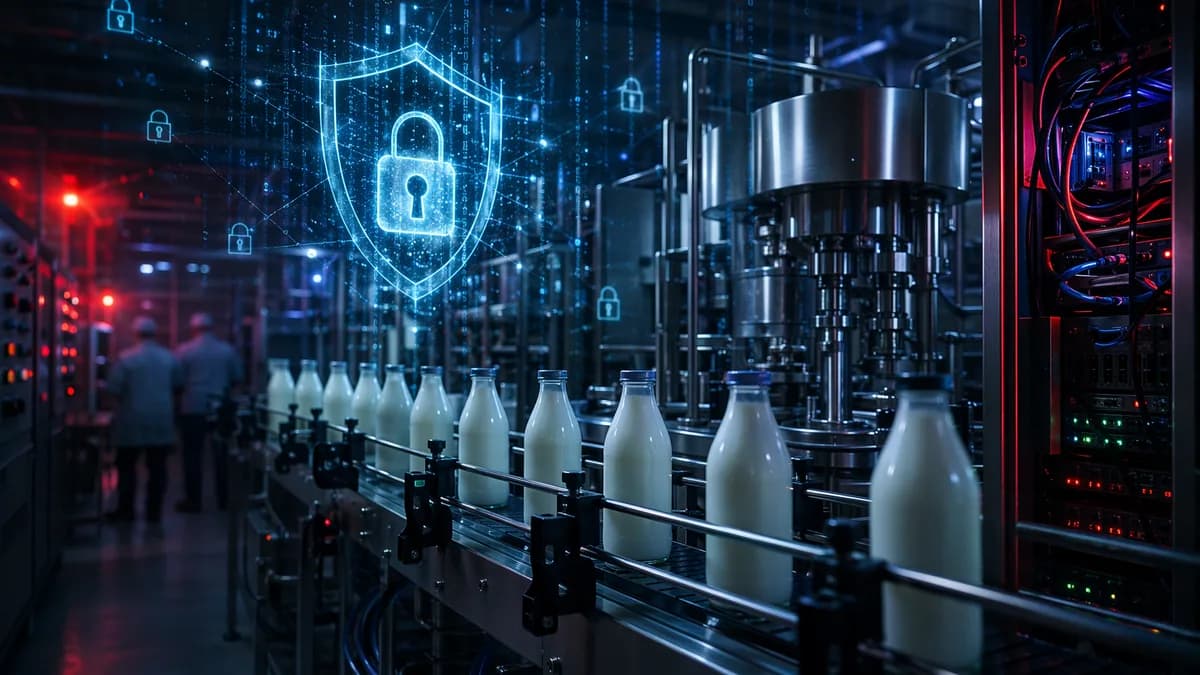 Cybersecurity breach concept at a modern dairy production facility with locks, shields, and dark tech visuals.