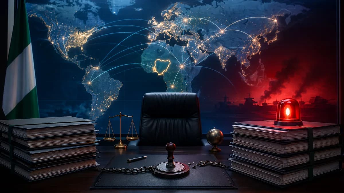Nigeria budget scandal visual with folders, world map, and warning light over forged authority.