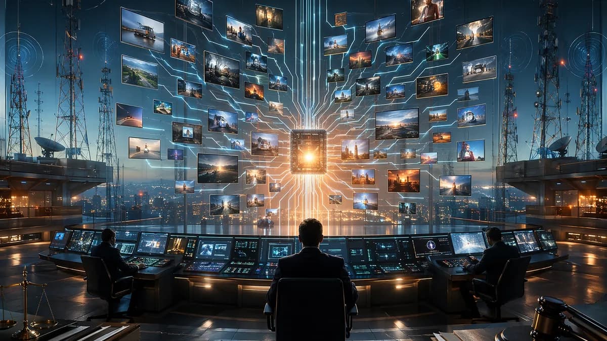 Futuristic broadcast control room showing many media feeds merging into one central hub.