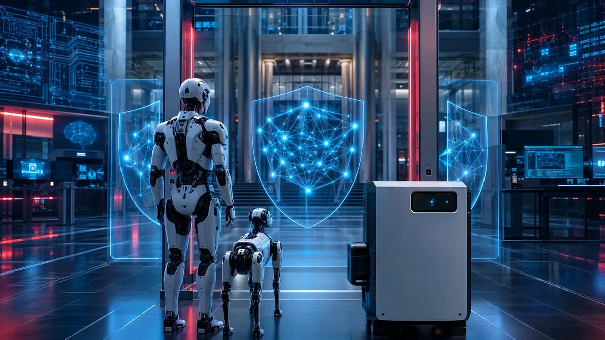 Humanoid robot, robot dog, and solar inverter stopped at a futuristic security checkpoint.