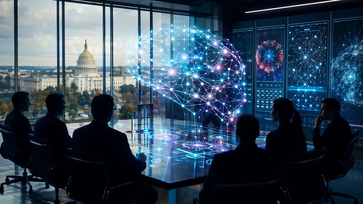 AI policy briefing room with officials and tech leaders reviewing holographic neural networks.