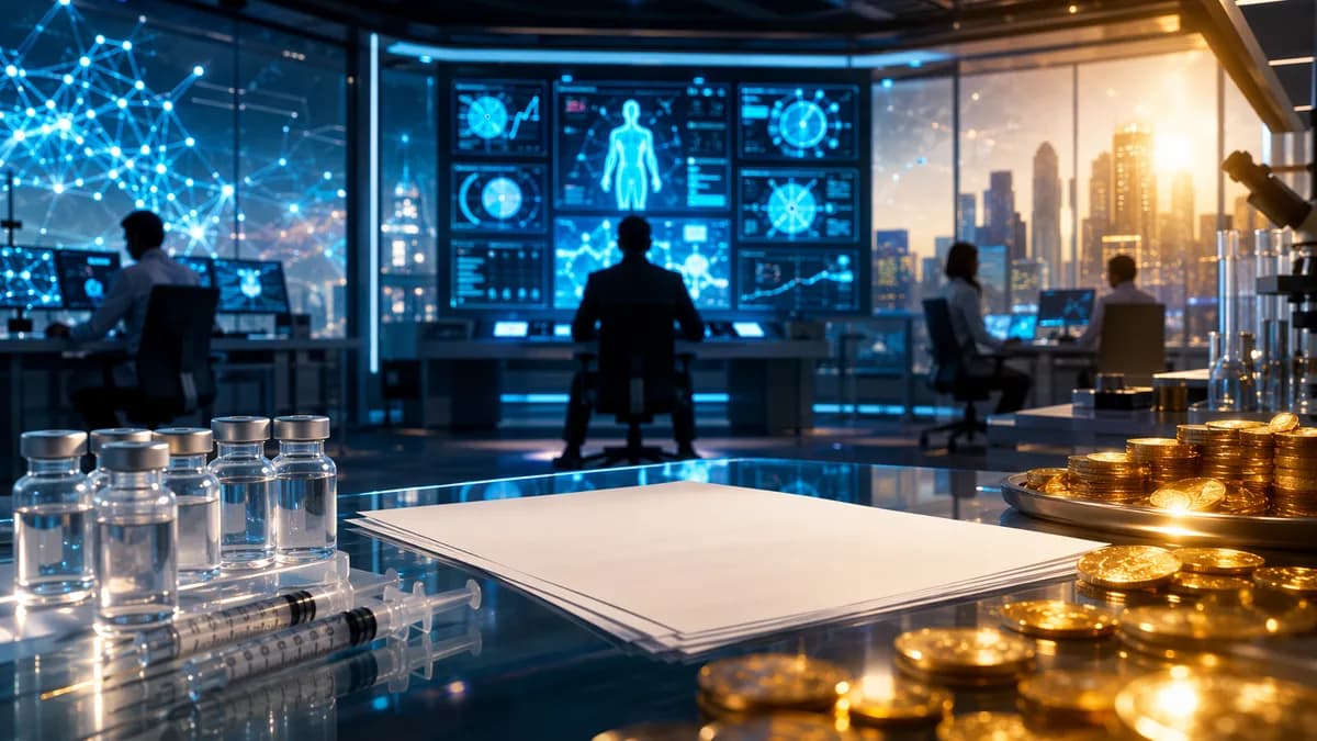 Telehealth lab hub with peptide vials, AI networks, and gold reflections suggesting a booming gray market.
