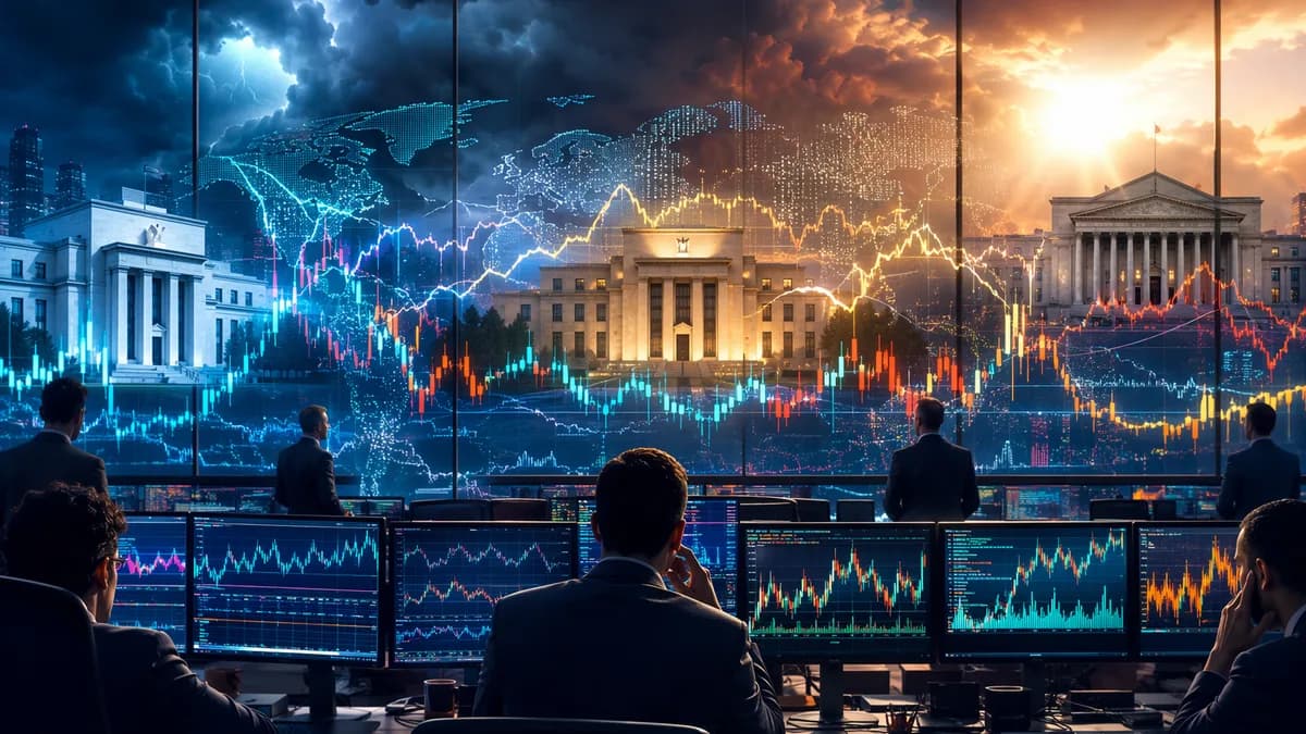 Global trading desk with currency volatility visuals ahead of major central bank decisions