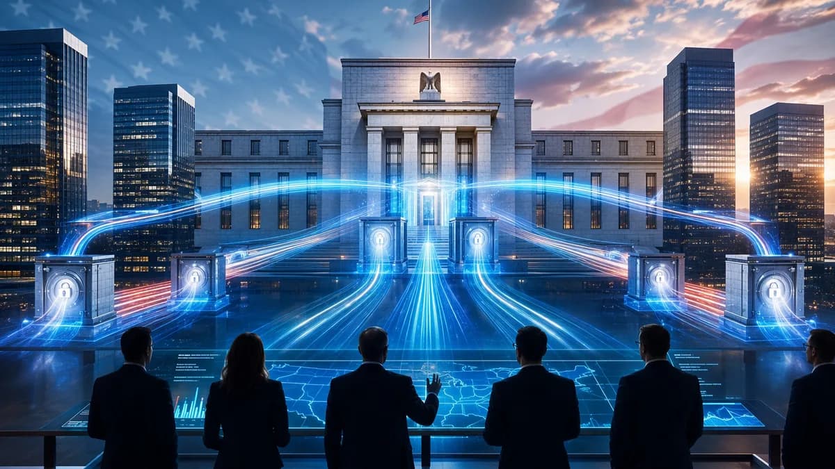 Government-style bank towers linked by glowing liquidity flows in a modern fintech crisis-finance scene.