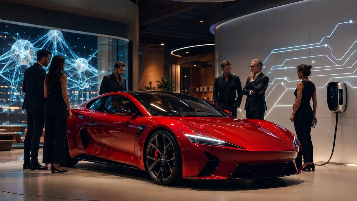 Red luxury electric sports car in a futuristic showroom with buyers and tech displays.