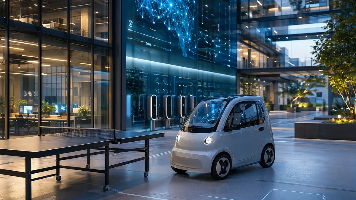 Tiny unbranded micro EV in a futuristic tech hub beside a ping-pong table for scale.