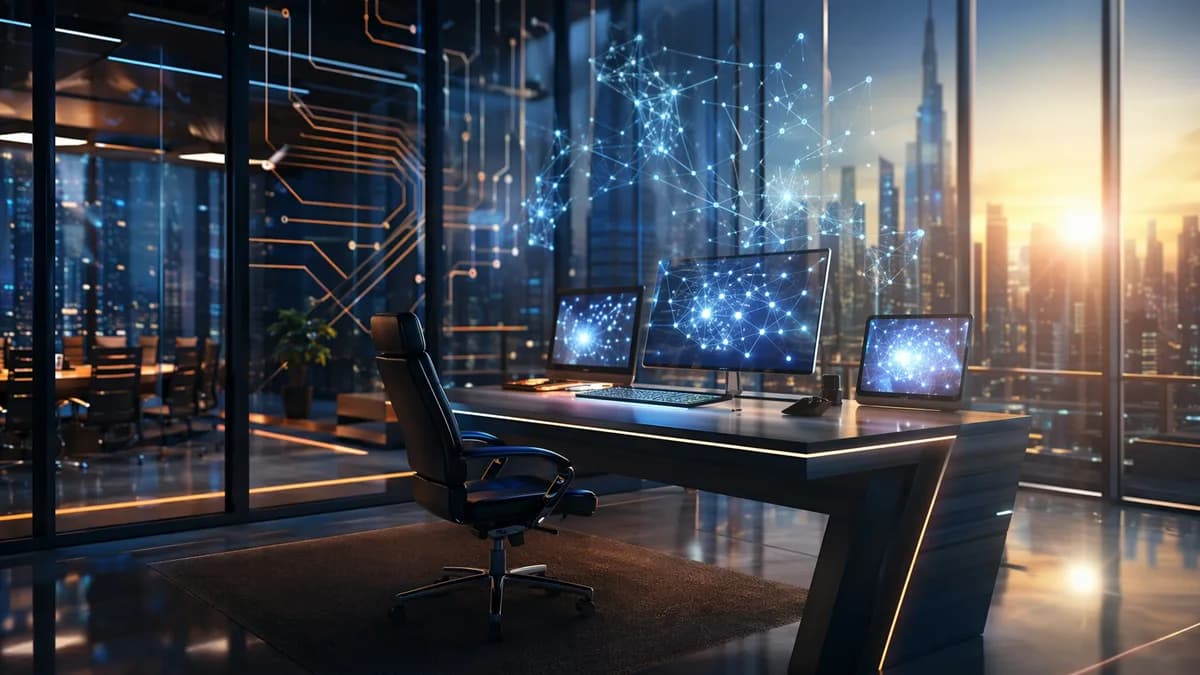 Empty executive chair in futuristic AI workspace symbolizing leadership transition