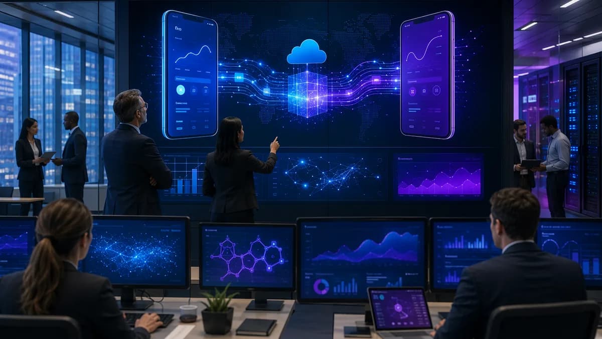 Bank merger integration shown through digital banking systems and payment rails in a modern operations center.