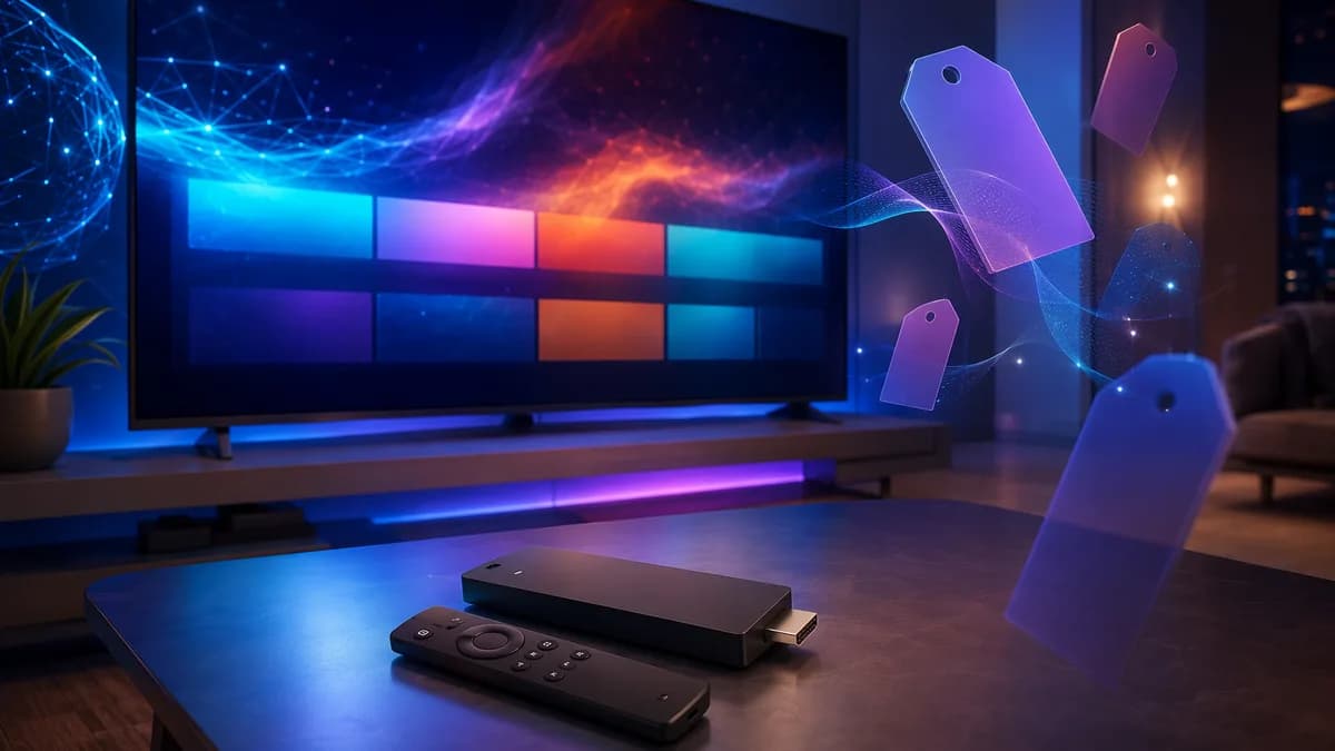 Generic 4K streaming stick and remote beside a glowing smart TV in a sleek modern living room
