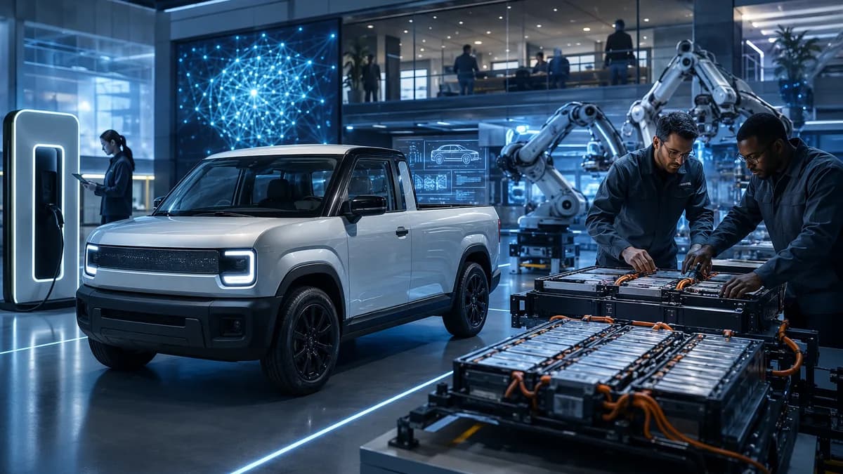 Compact electric pickup prototype in a futuristic EV innovation hub with engineers and charging tech.