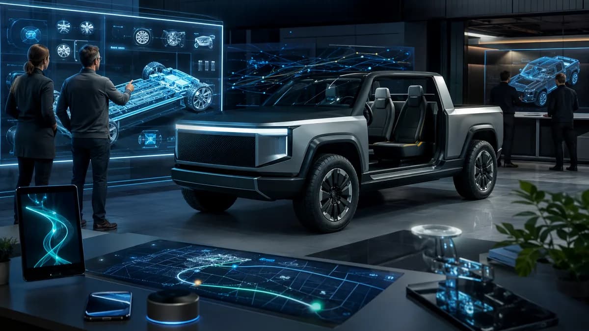 Futuristic electric pickup concept with navigation dashboard in a high-tech automotive design studio
