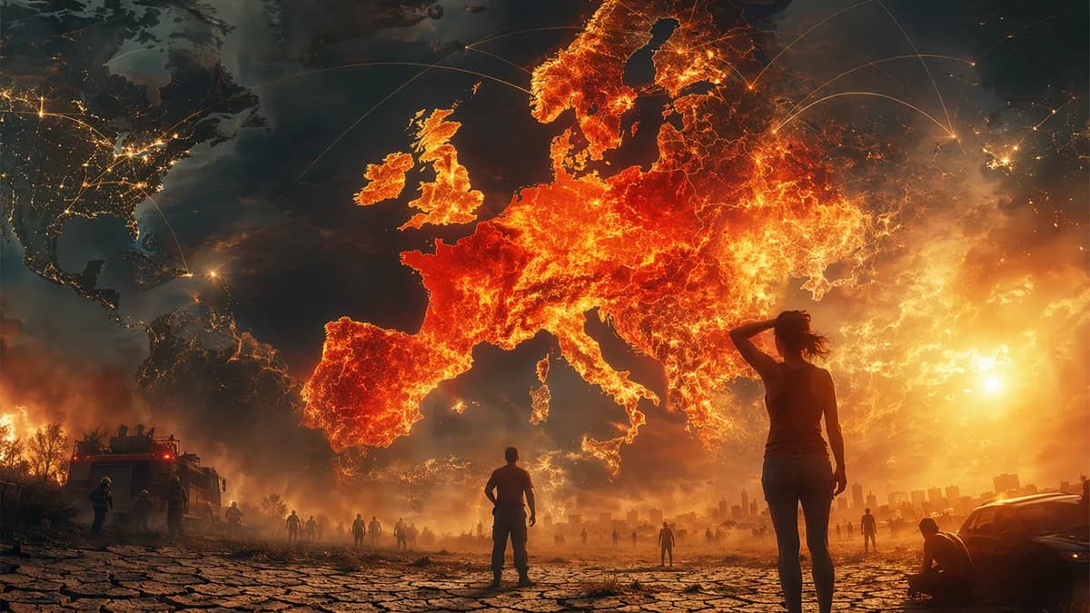 Heatwave over France and Europe shown on a global map with climate crisis and emergency imagery.