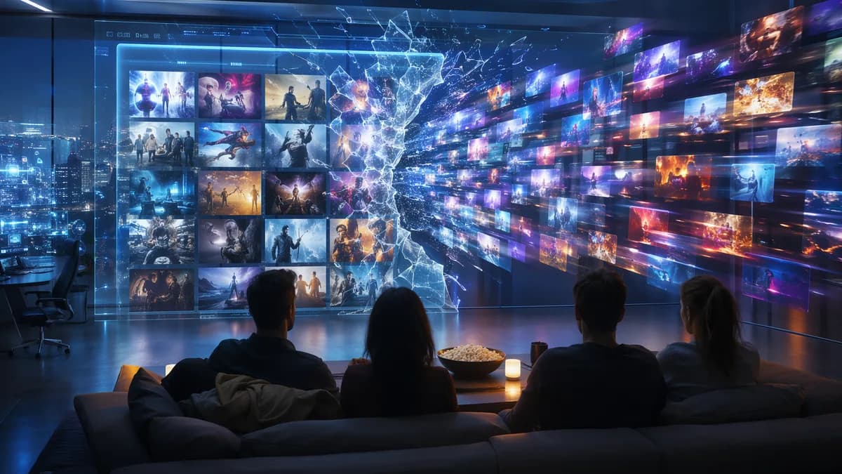Abstract streaming screens with a cracked paywall, symbolizing a possible free tier for premium streaming.