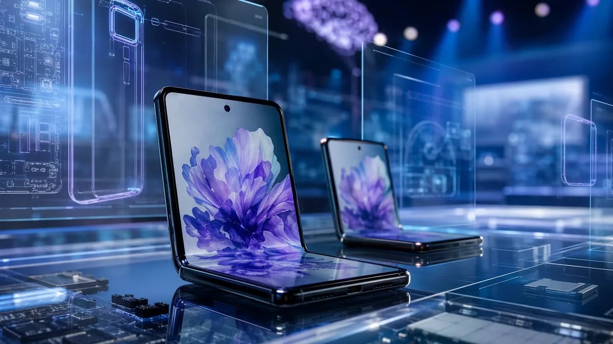 Foldable smartphone prototype in a futuristic tech lab with blank holographic leak panels.