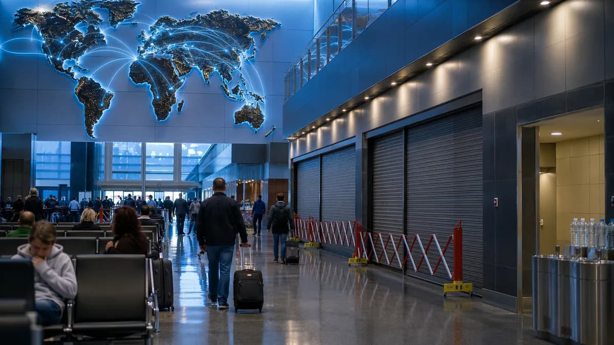 Travelers in a modern airport terminal during a water outage with closed facilities and global map backdrop.
