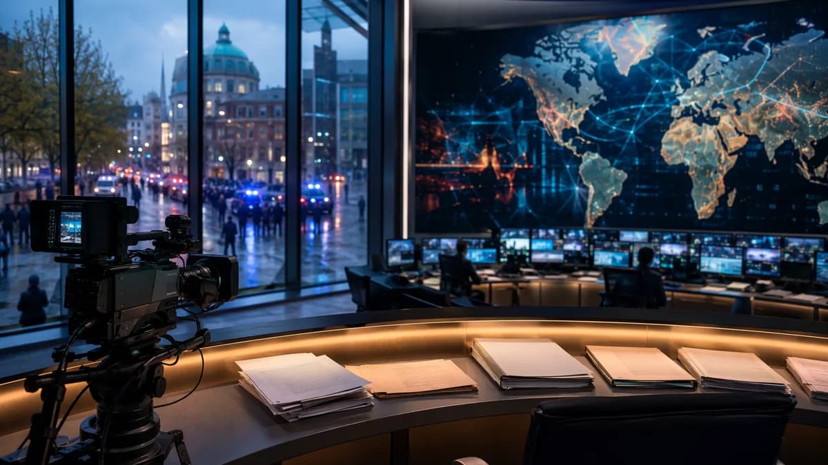 Editorial newsroom scene with Belfast unrest context, world map, and media accountability theme.