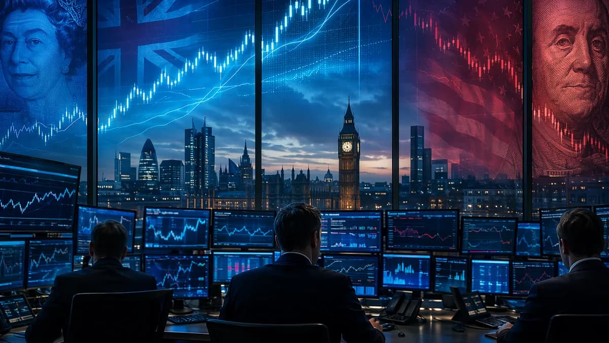 London forex trading desk showing pound strength as dollar weakens amid abstract market charts.