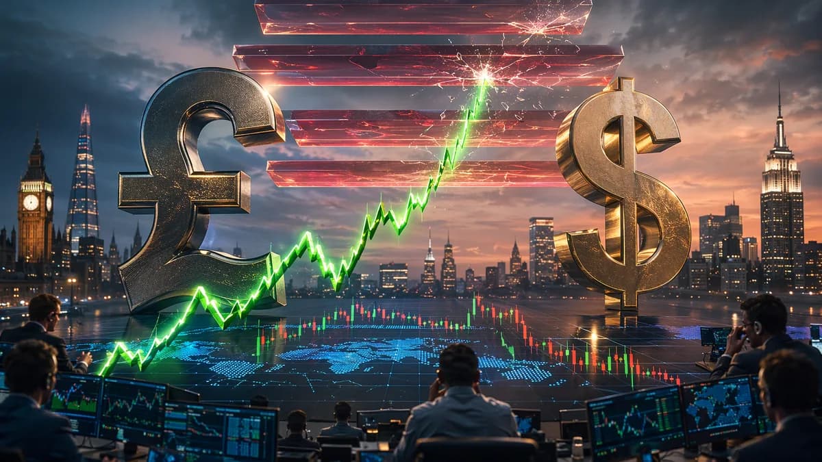 GBP/USD rally meets layered resistance in a modern trading floor market visualization.