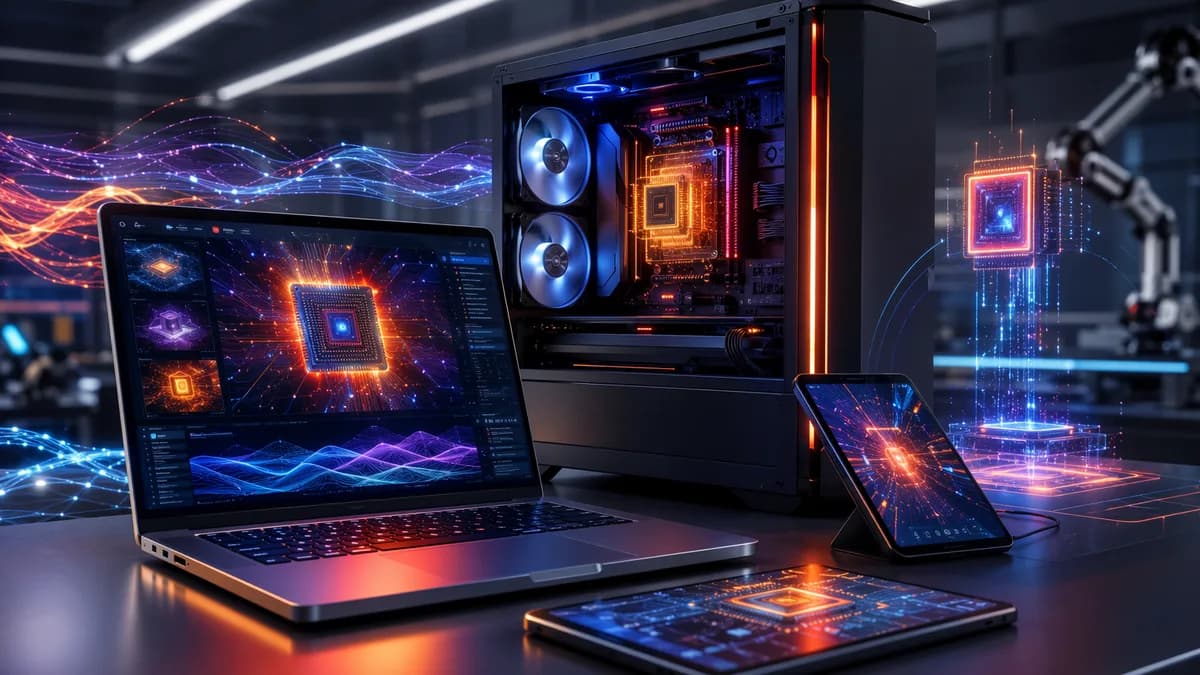 Futuristic workspace showing laptop and phone under intense benchmark testing with glowing chips and circuits.