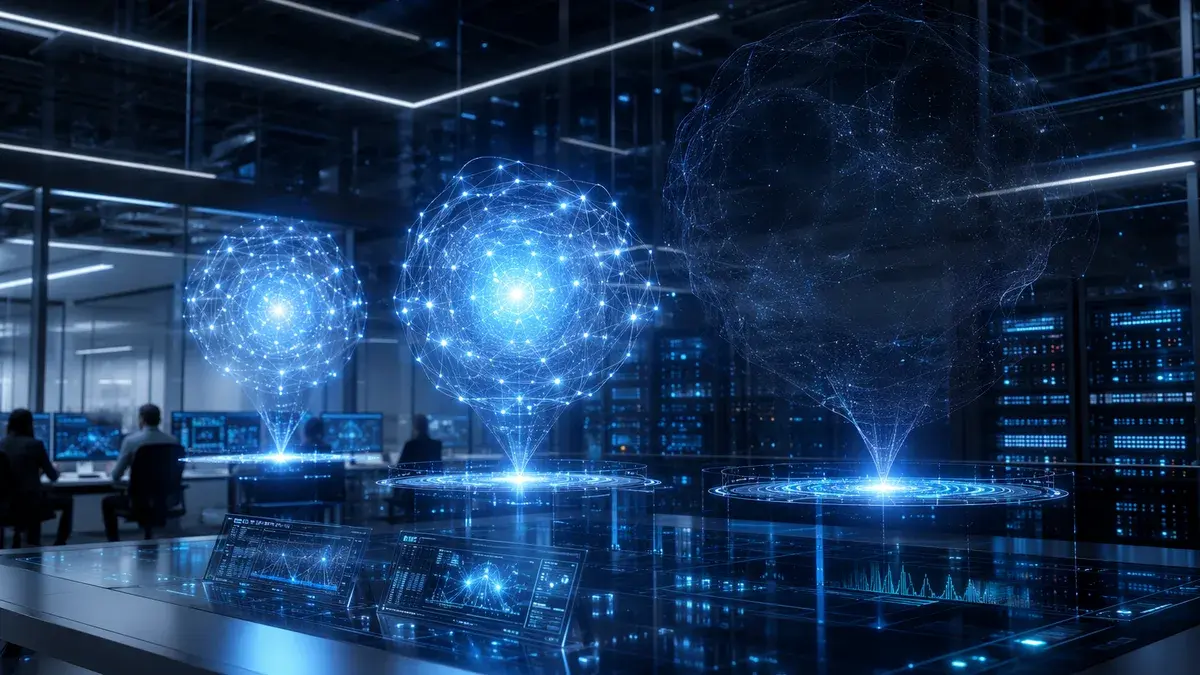 Futuristic AI lab with three glowing model cores, screens, circuits, and a dim absent flagship silhouette.
