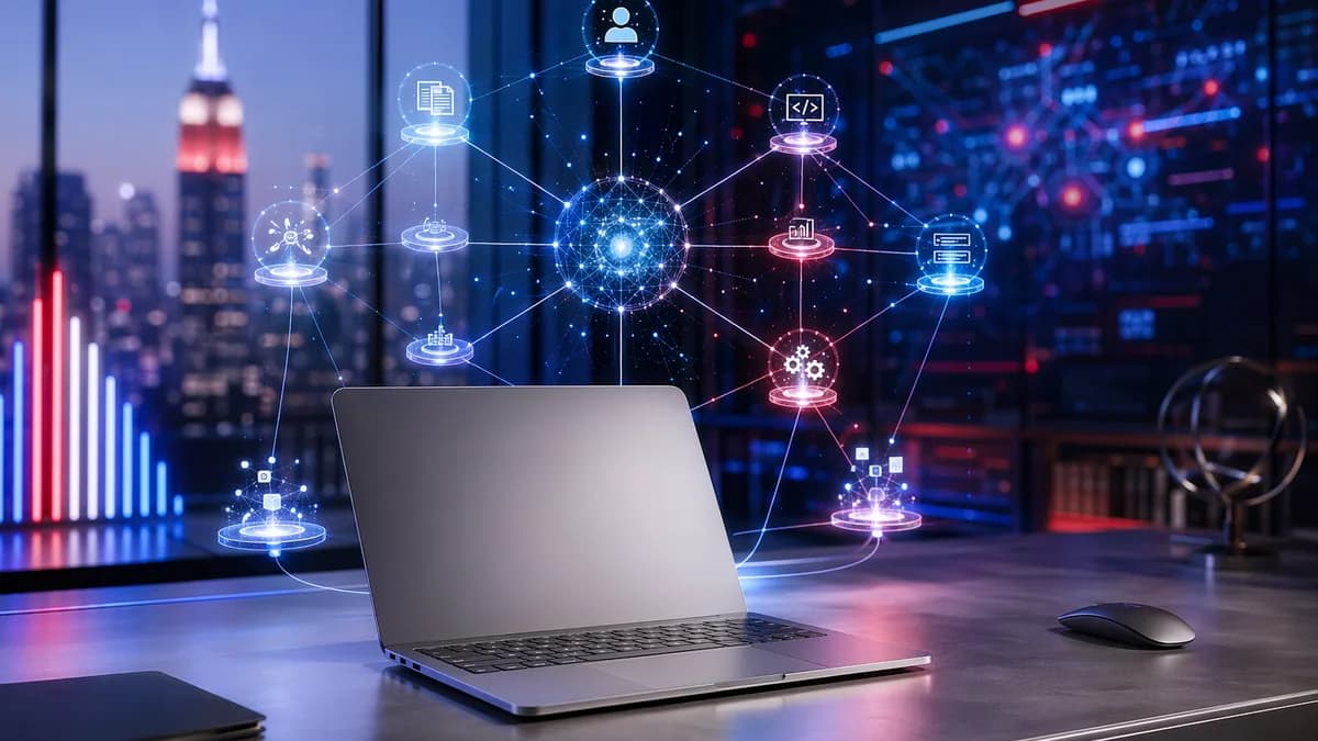 Futuristic laptop workspace with glowing AI agent network for Gemini Spark on Mac