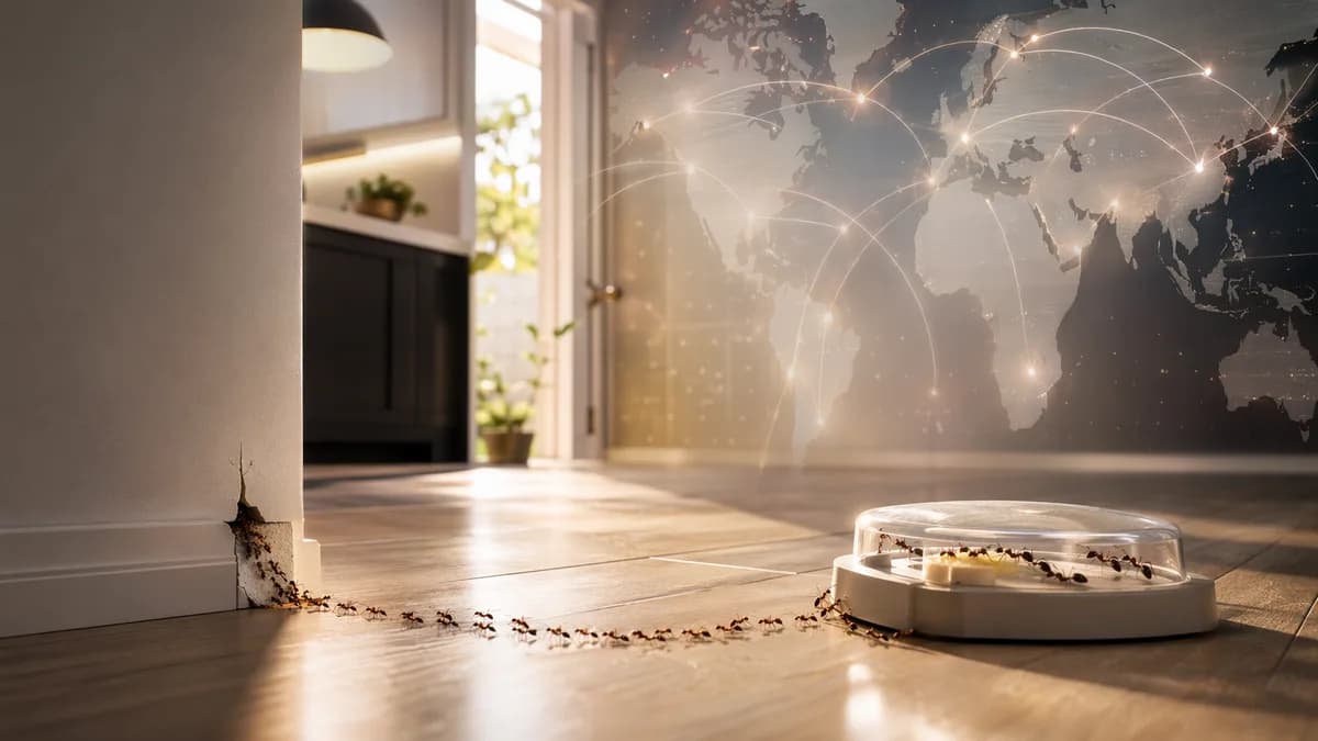 Ant trail leading from a wall crack to bait in a modern home with subtle global map connections.