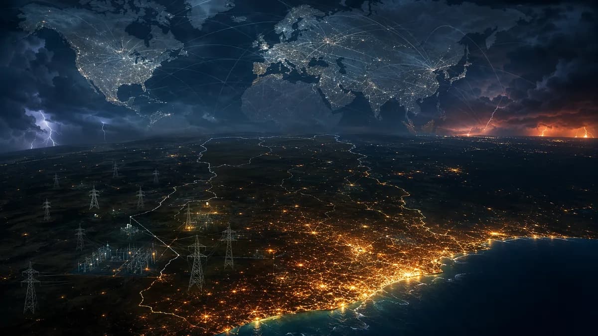 Ghana at night in blackout with dim power grid and global map connections