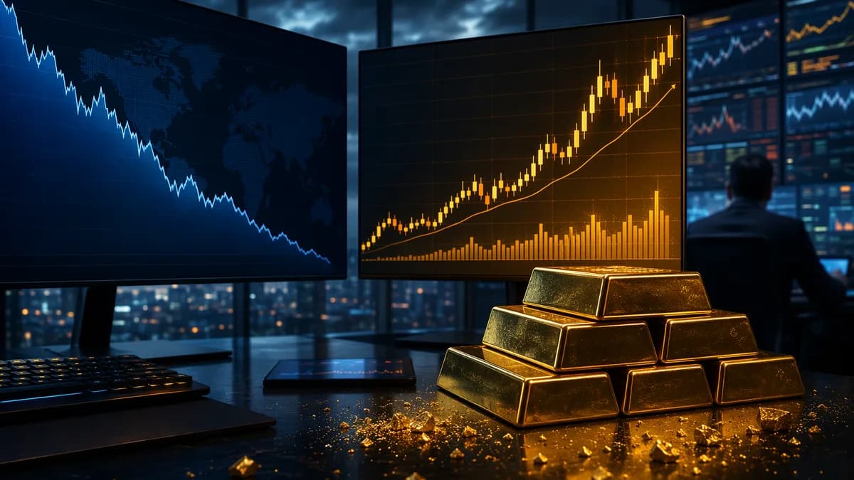 Gold bars on a trading desk with rising market charts and a weakening dollar-themed backdrop.
