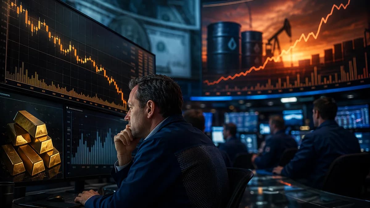 Gold bars on a trading desk as oil-driven market charts rise and traders monitor inflation fears.