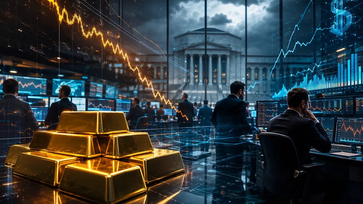 Gold bars on a trading floor with falling market charts as traders await a central bank decision