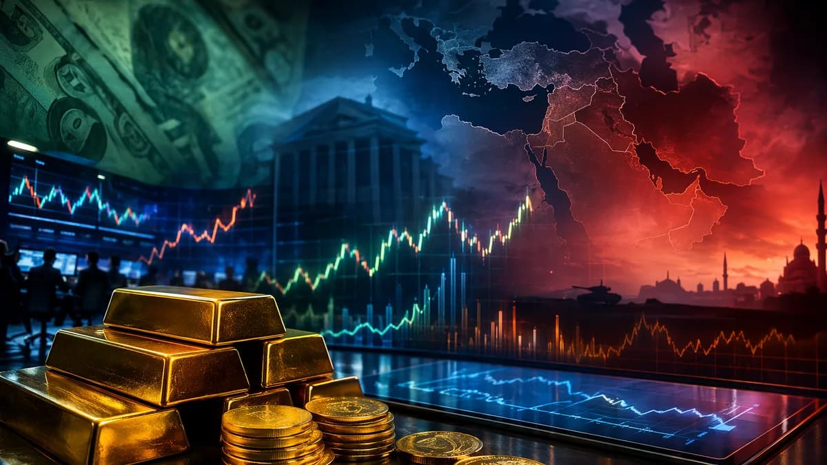 Gold bars on a trading desk with market charts, yield visuals, and geopolitical tension in the background