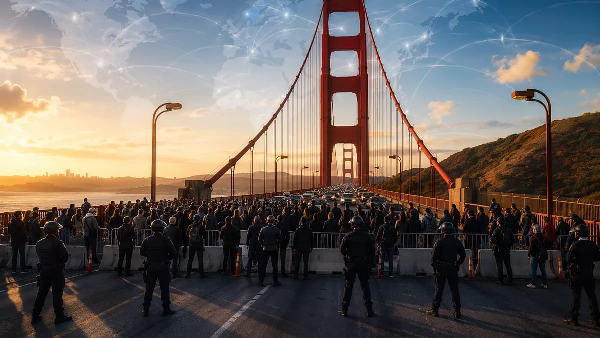 Golden Gate Bridge blocked by protesters with global map light trails, cinematic editorial scene