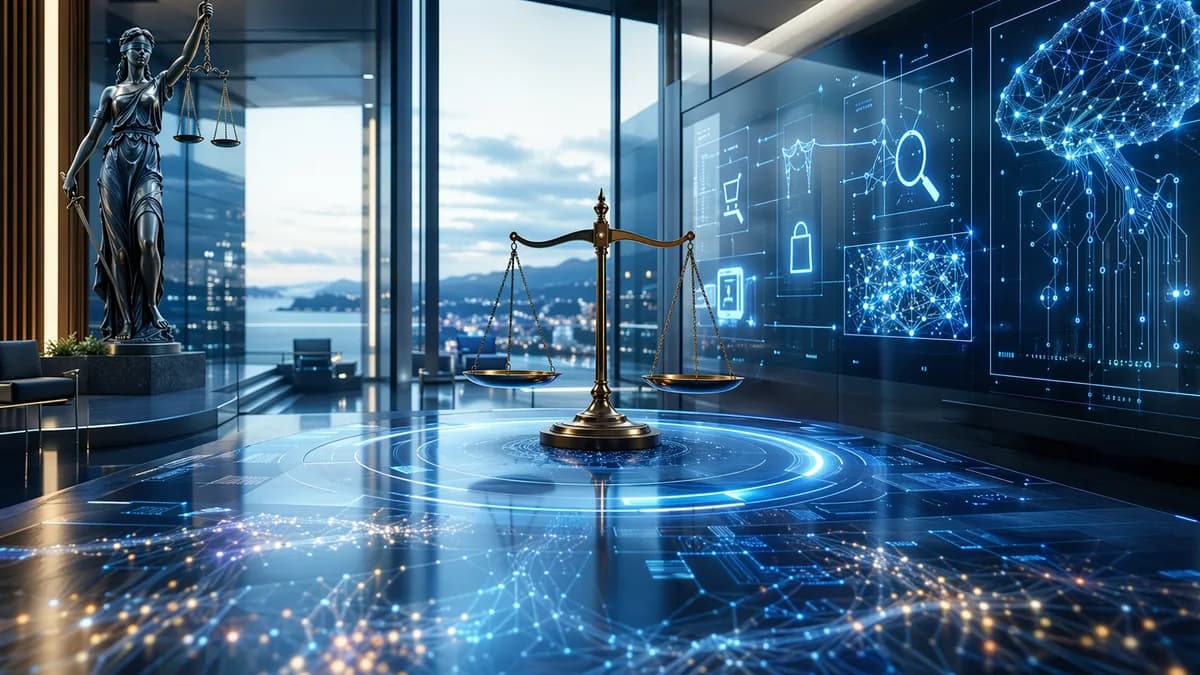 Futuristic tech courtroom with screens, AI networks, and scales symbolizing a shopping antitrust ruling.