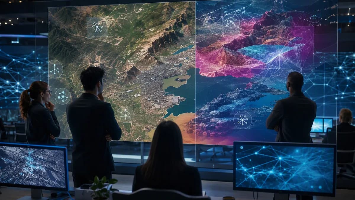 AI-generated satellite maps in a futuristic lab raise concerns about visual misinformation.