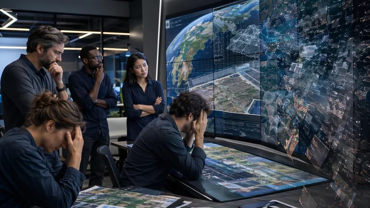Frustrated mapping professionals view generic digital Earth screens in a futuristic tech workspace.