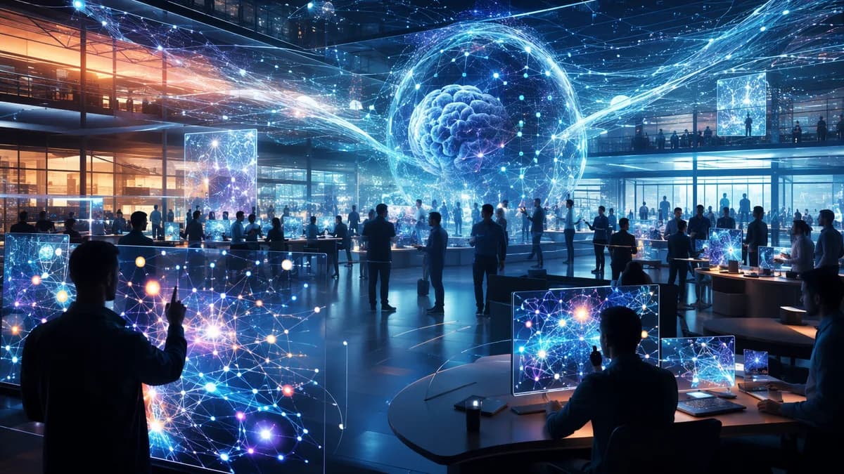 Futuristic AI hub with glowing neural networks and screens symbolizing Gemini’s rapid user growth.