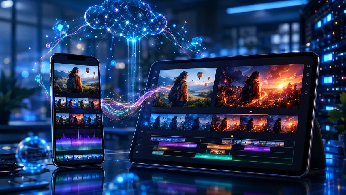 AI-powered video remix editing shown on devices in a futuristic tech workspace