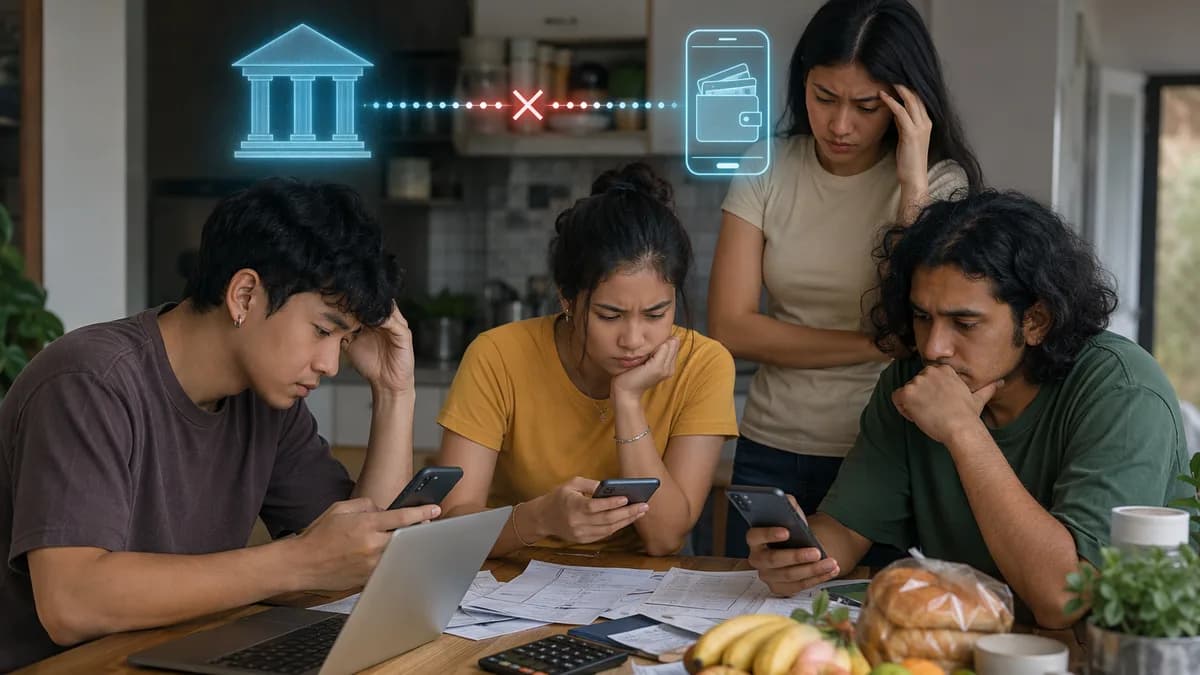 Gen Z adults face delayed government payments while checking budgeting apps at home.