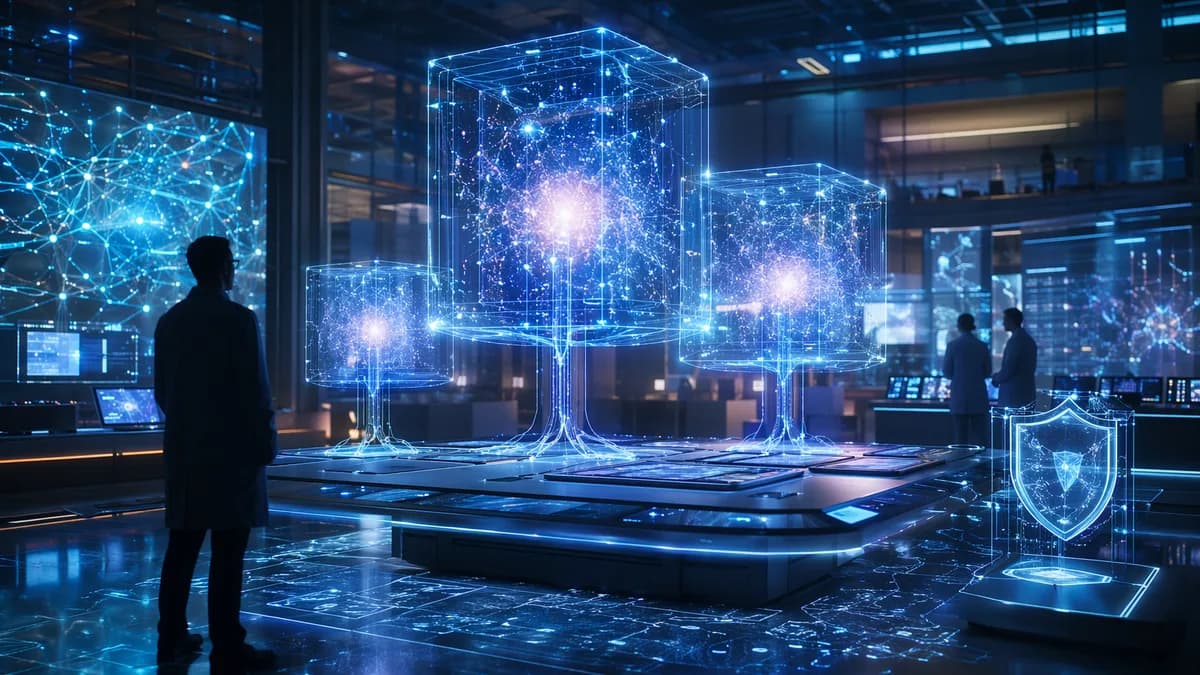 Three glowing AI compute cores in a futuristic enterprise lab with neural networks and cybersecurity visuals.