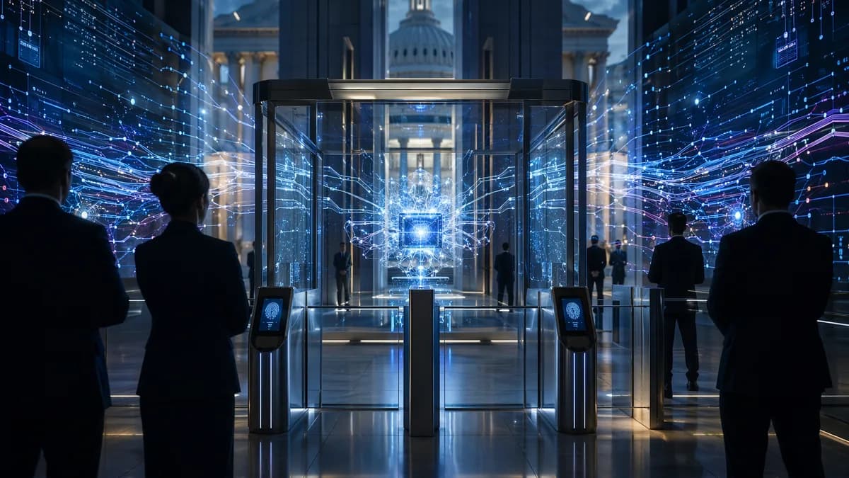 AI core behind a secure government approval gate in a futuristic tech workspace.