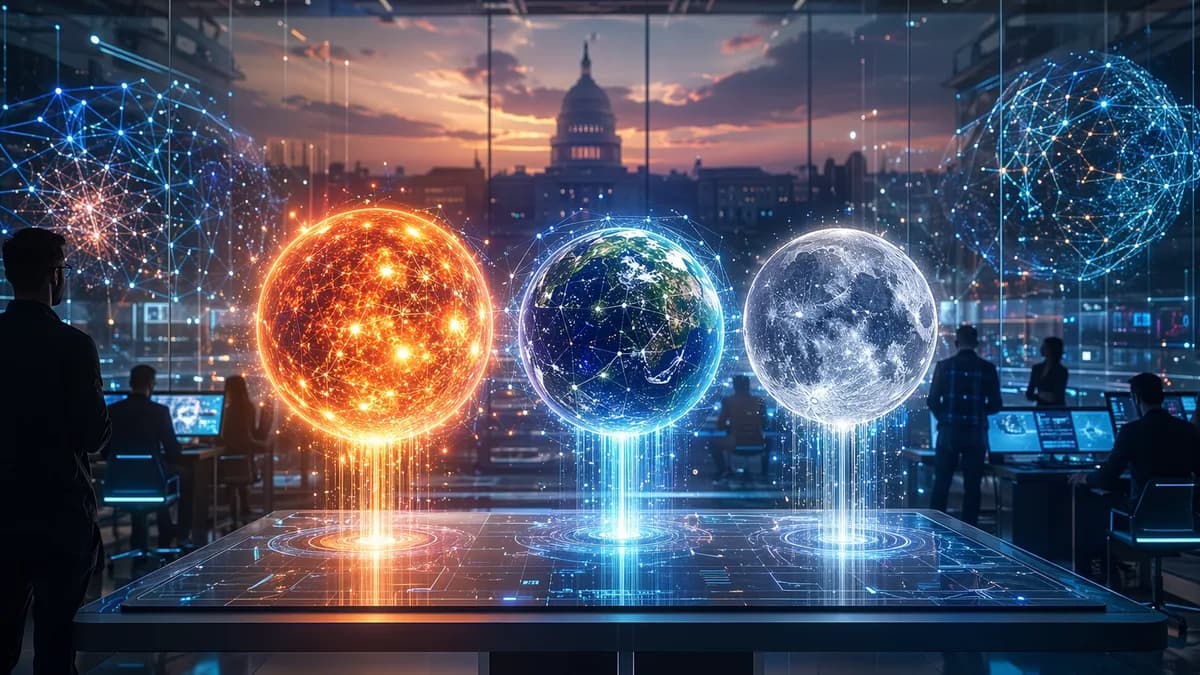 Futuristic AI launch hub with three glowing neural cores and a distant government silhouette.