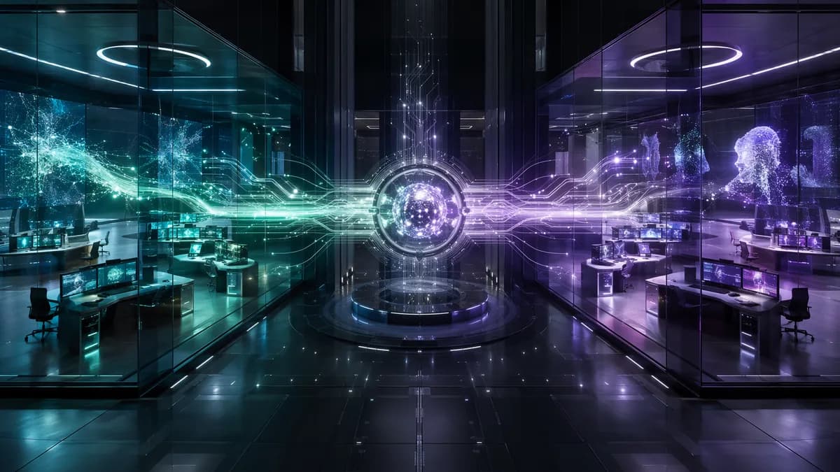 Two futuristic AI hubs linked by a glowing data bridge, suggesting a selective tech alliance.